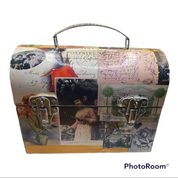 Decorative Postage Vintage-Style Collage Domed Storage Box Handle & Latch - Picture 2 of 10